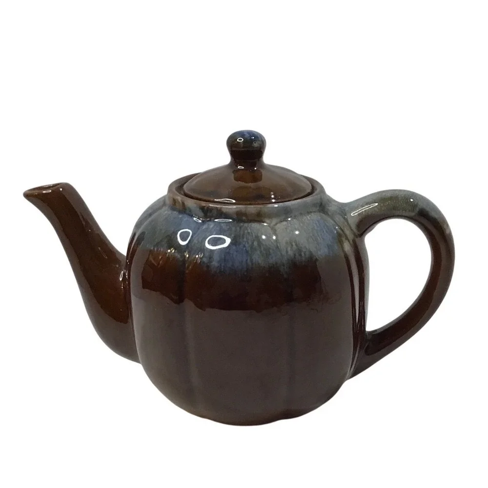 Vintage Ceramic Teapot‎ Brown Blue Glaze Rustic Country Kitchenware